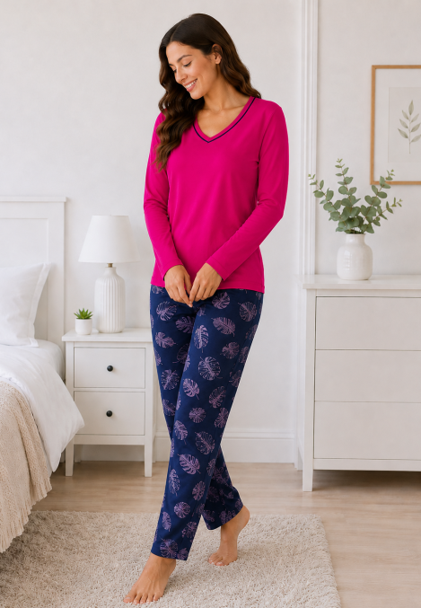 Pijama de damă cu bluză cu maneca lunga și pantaloni lung -ciclam,Engros